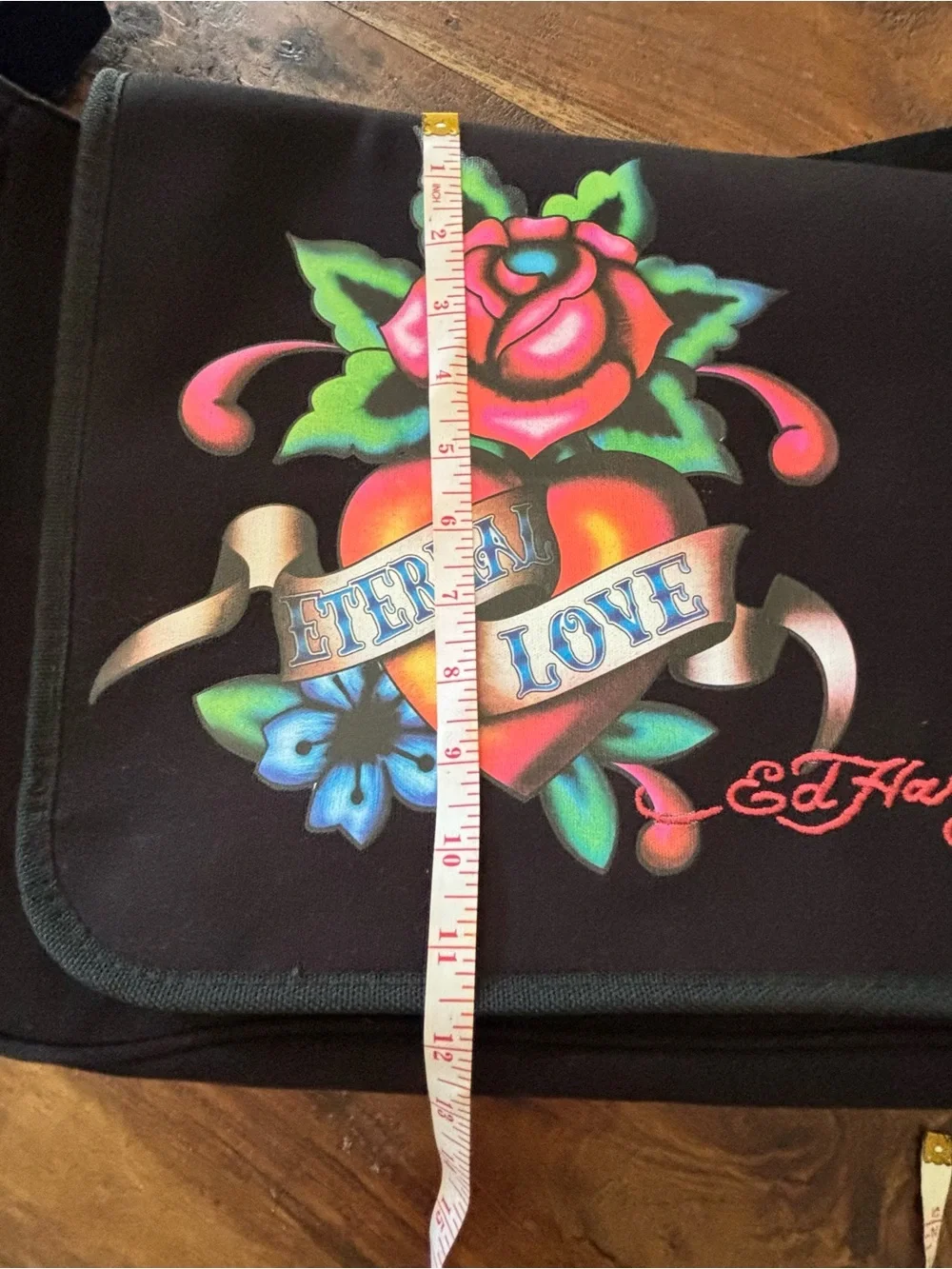 Ed Hardy Black Messenger Bag with Colorful Tattoo Heart and Rose Graphic